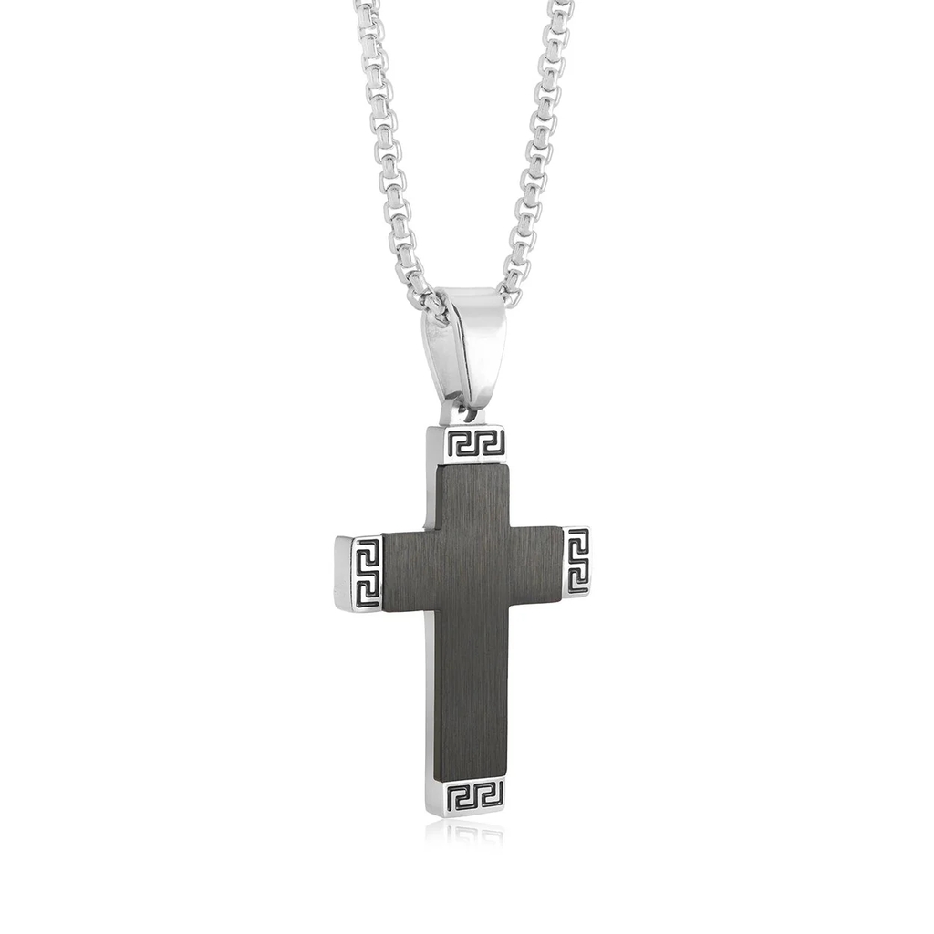 Pendentif croix de style Versace, acier inoxydable 2 tons