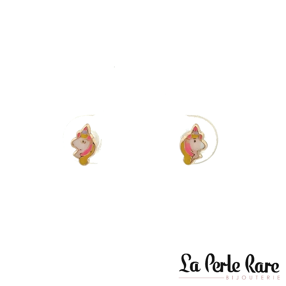 Screw-back unicorn stud earrings 10K yellow gold, pink, white and yellow enamel - 11500-E - Exclusivity