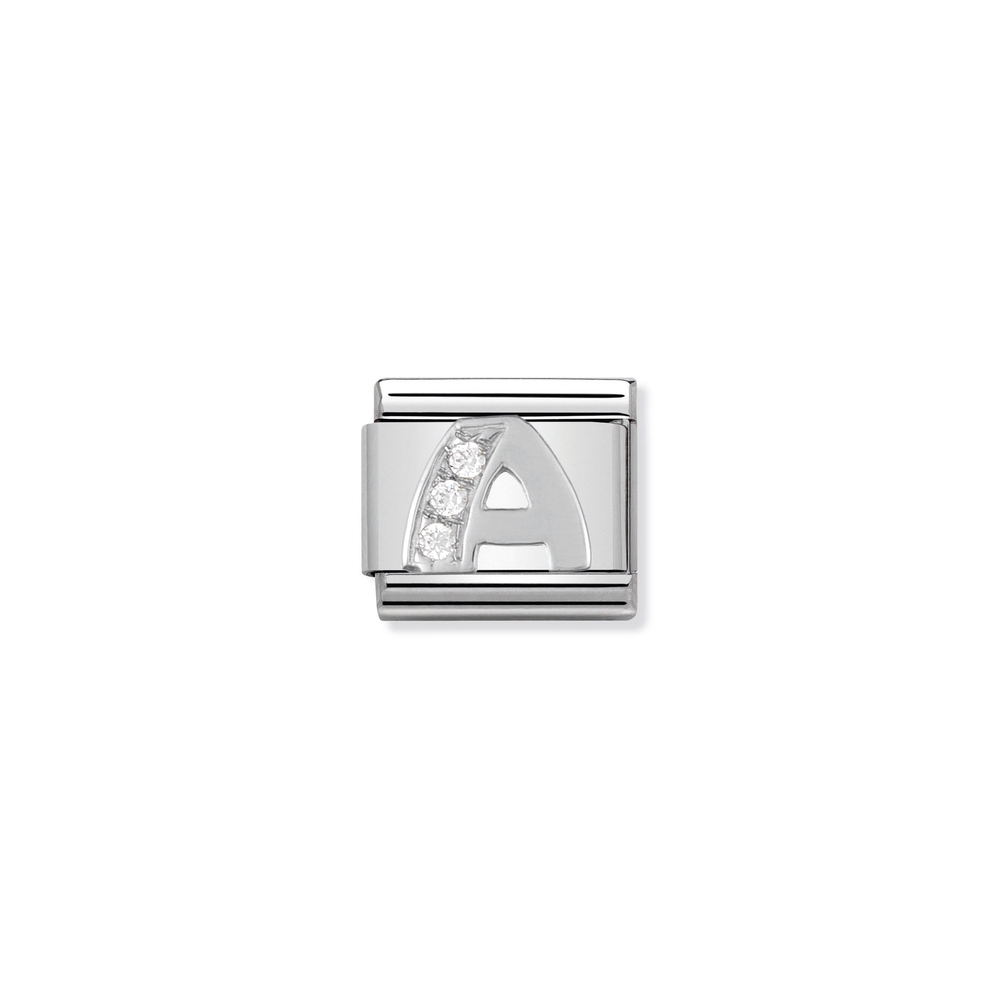 Classic link letter A, stainless steel, sterling silver, clear cubic zirconia - 33030101 - NOMINATION