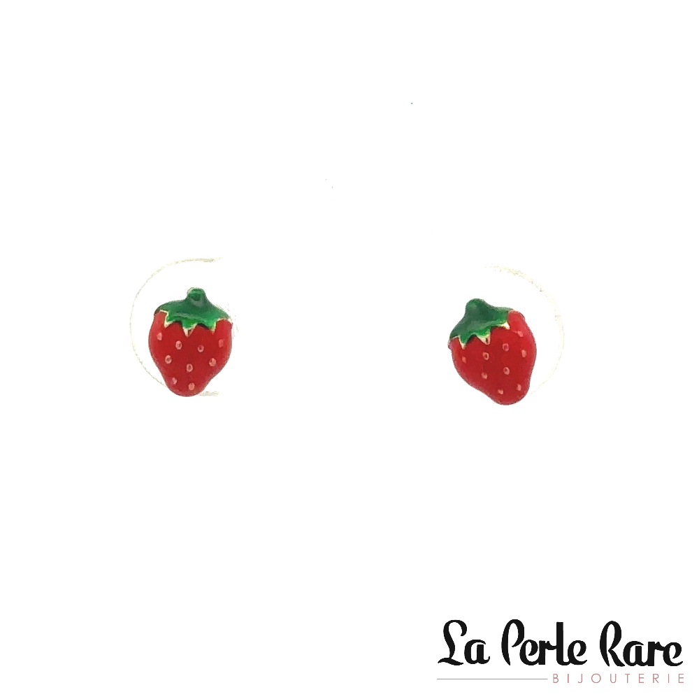 Screw-back strawberry stud earrings 10K yellow gold, red and green enamel - 4301-E - Exclusivity
