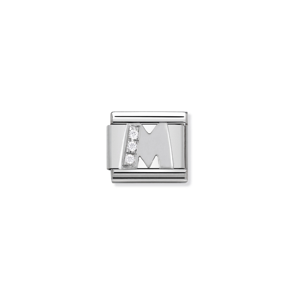 Classic link letter M, stainless steel, sterling silver, clear cubic zirconia
