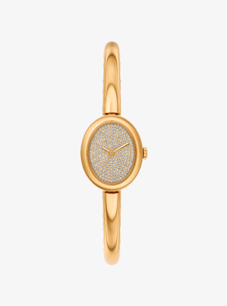 Montre ovale, acier inoxydable doré, zircons incolores