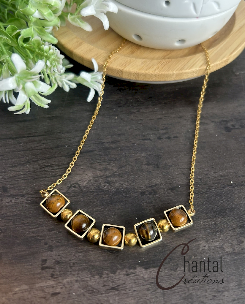 Caroline brown necklace, gold stainless steel, brown tiger eye