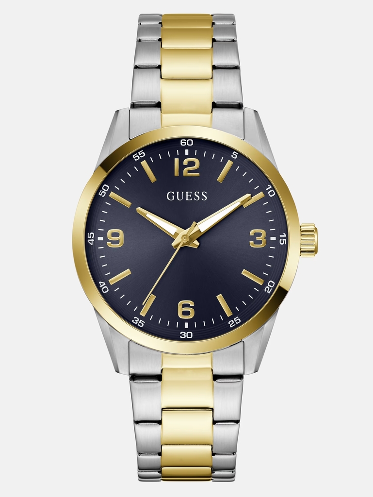 Montre acier inoxydable 2 tons (blanc et jaune), fond bleu