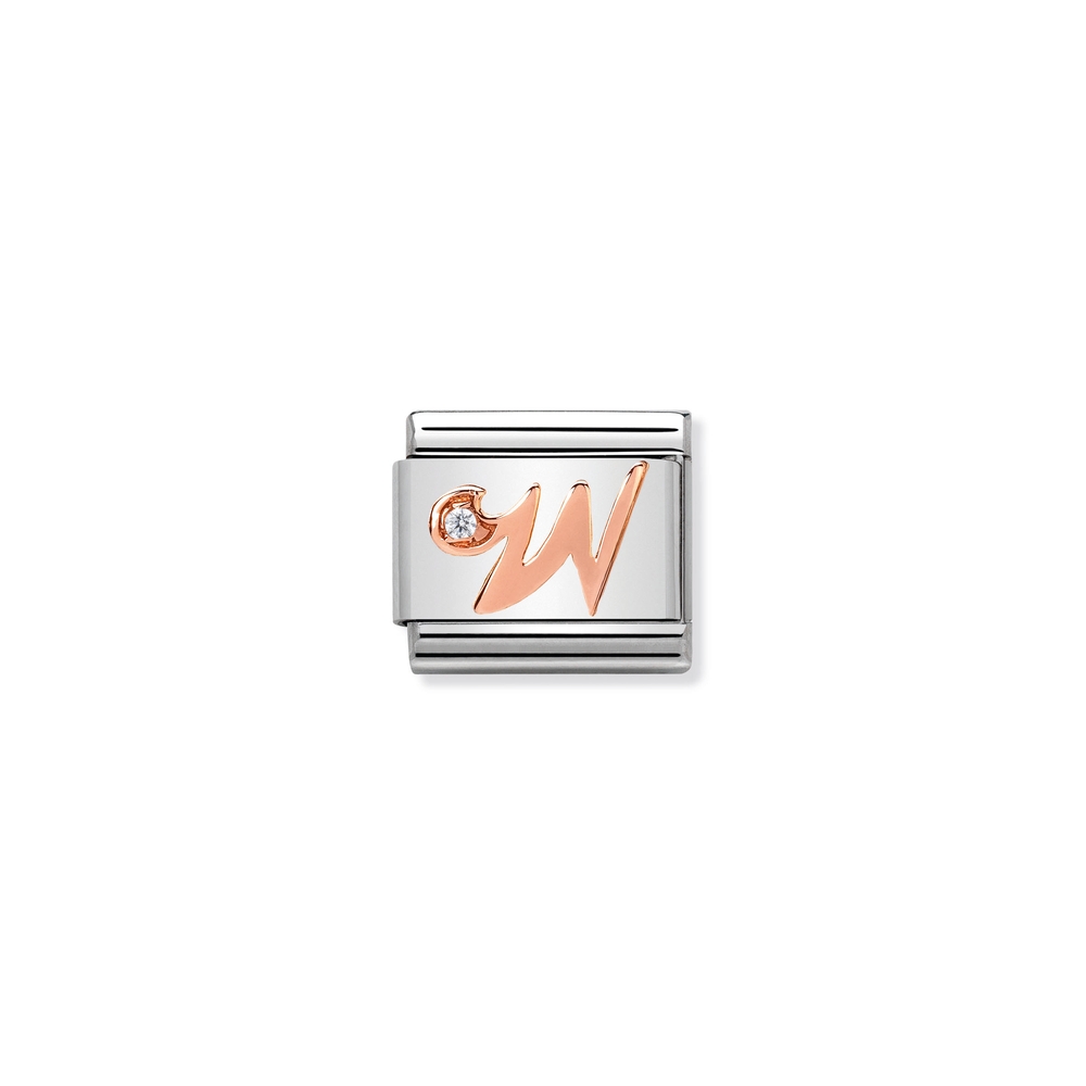 Classic link letter W, stainless steel, 9 carats rose gold finish, clear zirconia