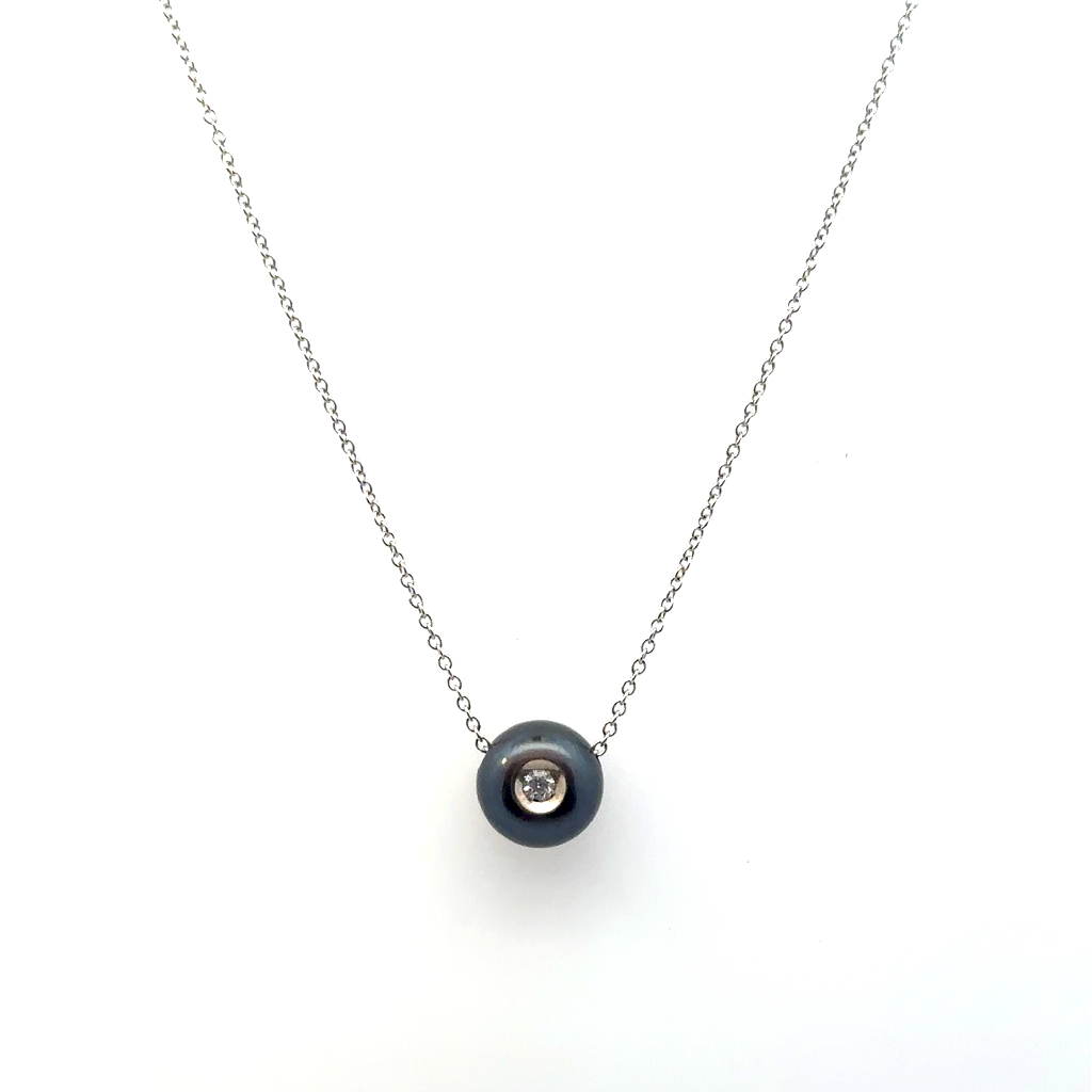 Pendentif or blanc 14 carats, perle teintée, diamant de 4 points - 11356 - Galatea