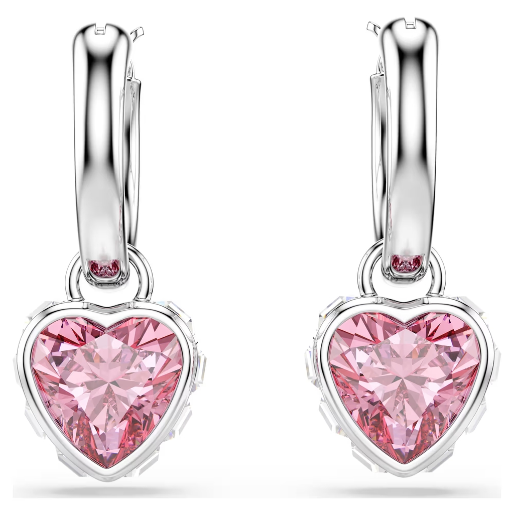 Drop earrings Chroma hearts, rhodium plated metal, clear crystals and roses