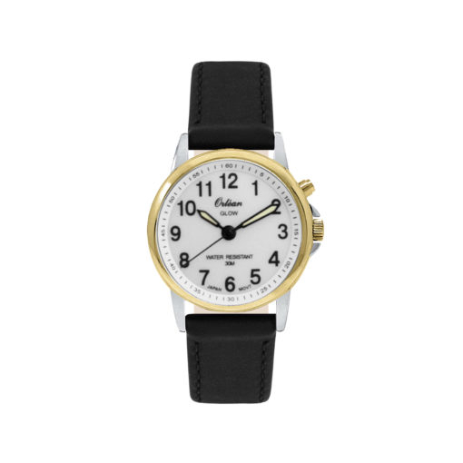 Montre cuir noir, acier inoxydable 2 tons (blanc et jaune), fond blanc