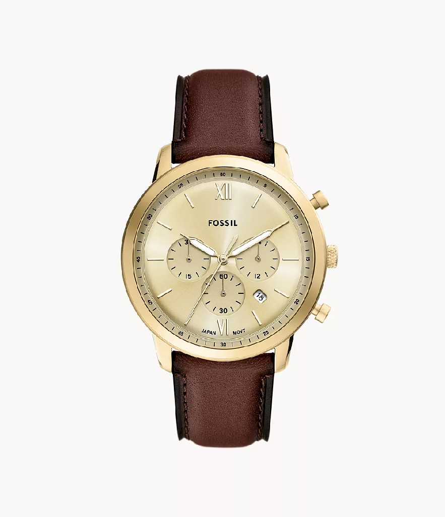 Fossil chronograph gold-tone stainless steel watch with brown leather strap