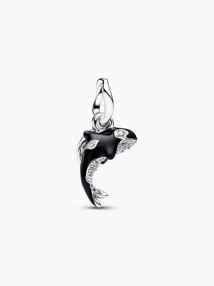 Bille orque, sterling silver, enamel black, clear cubic zirconia