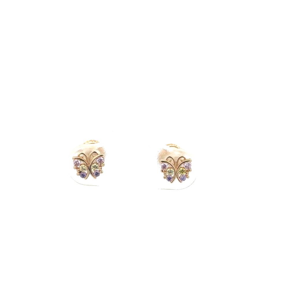 Screw back butterfly stud earrings yellow gold 10 karats, multicolour zircons
