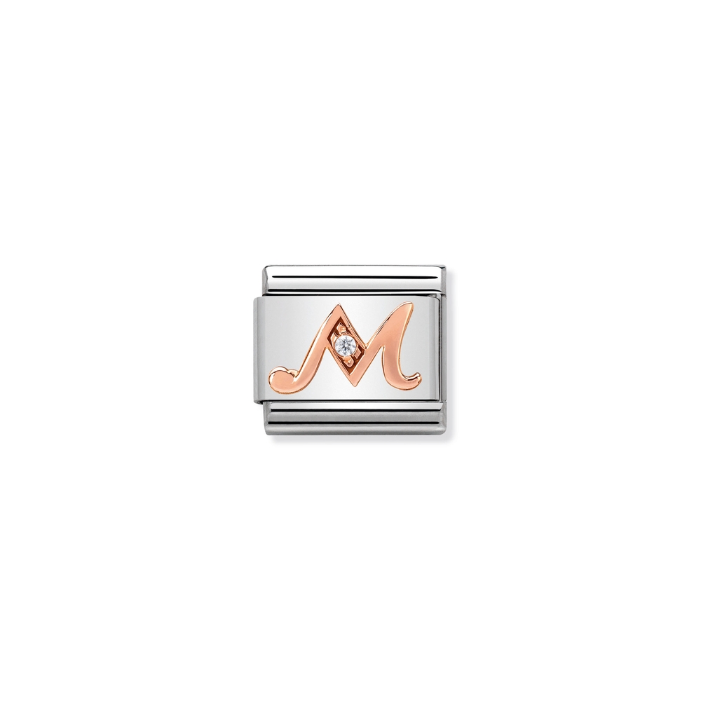 Classic link letter M, stainless steel, 9 carats rose gold finish, clear zirconia