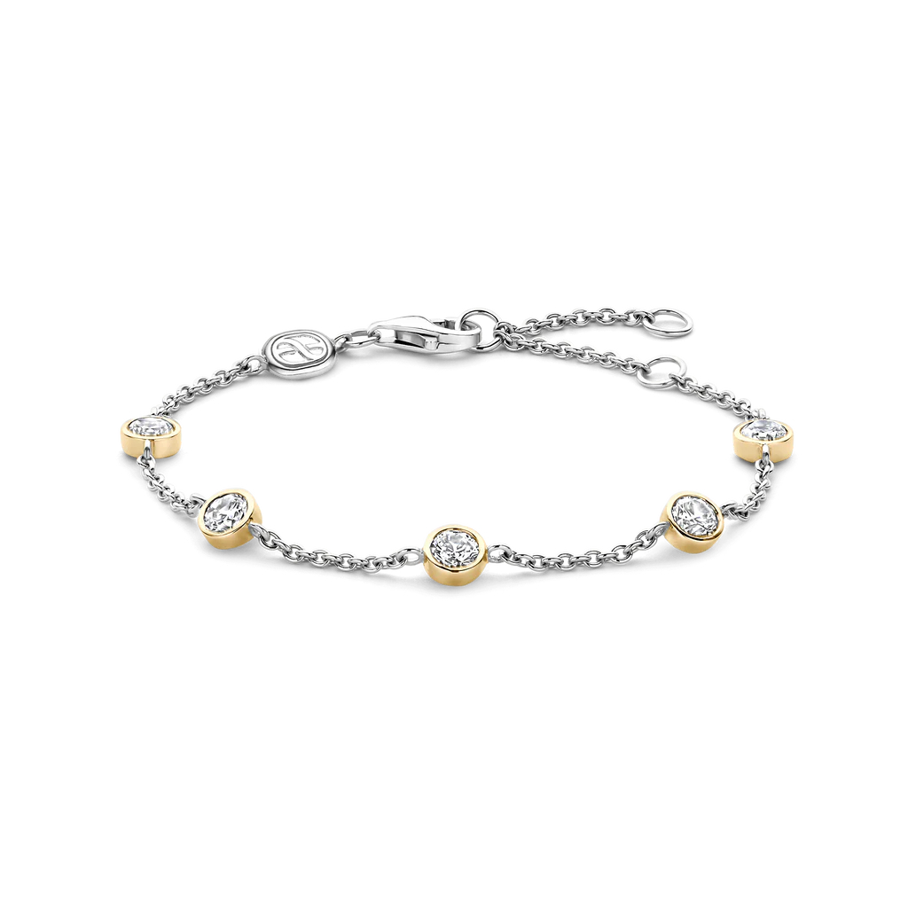 Bracelet, two tone sterling silver white and yellow, clear zirconia