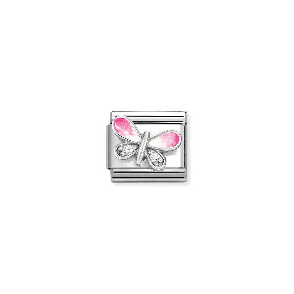 Classic link papillon, stainless steel, pink enamel, clear zirconia