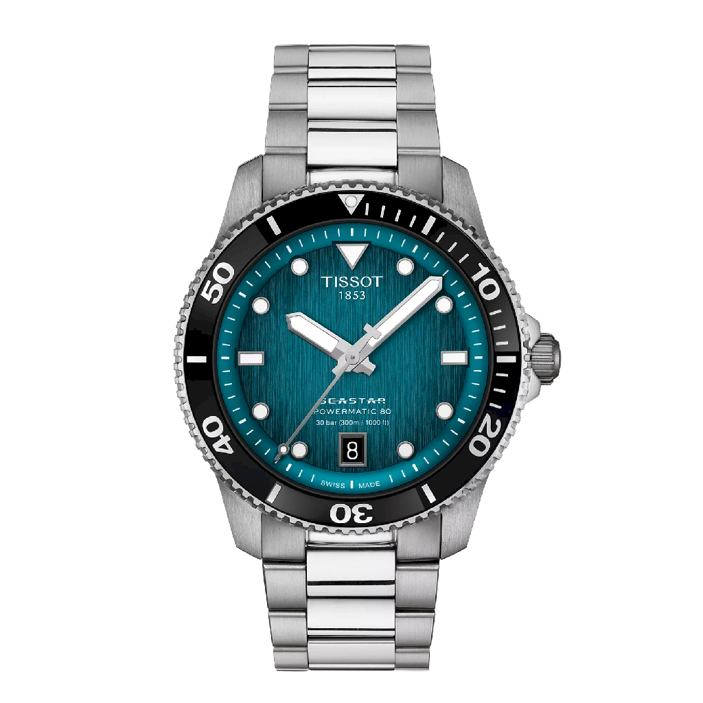 Tissot Seastar 1000 automatic stainless steel two-tone blanc et noir fond turquoise watch