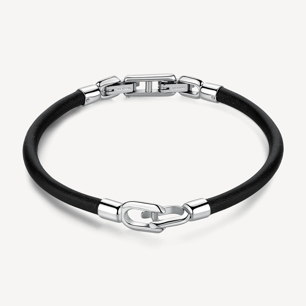 Bracelet cuir noir, acier inoxydable
