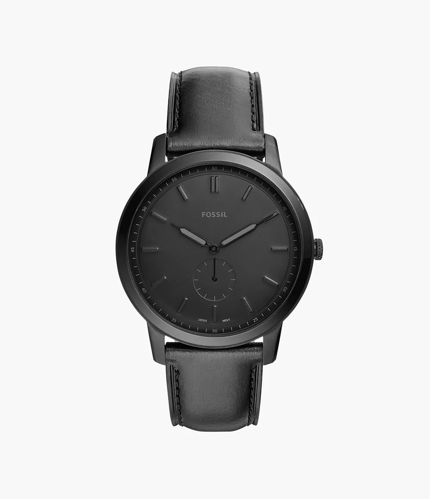 Montre cuir noir, acier inoxydable noir, fond noir