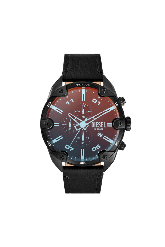 Montre chronographe, cuir noir, acier inoxydable noir
