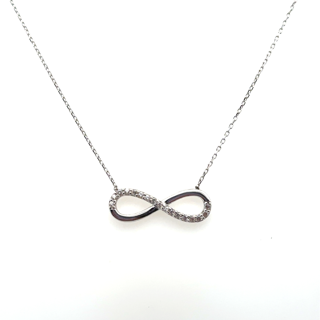 Collier symbole de l'infini, or blanc 10 carats, zircons incolores
