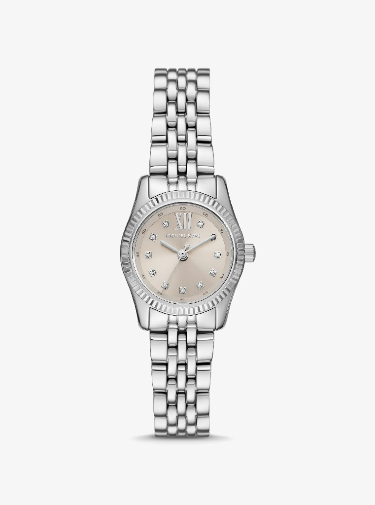 Montre acier inoxydable, fond crème, zircons incolores