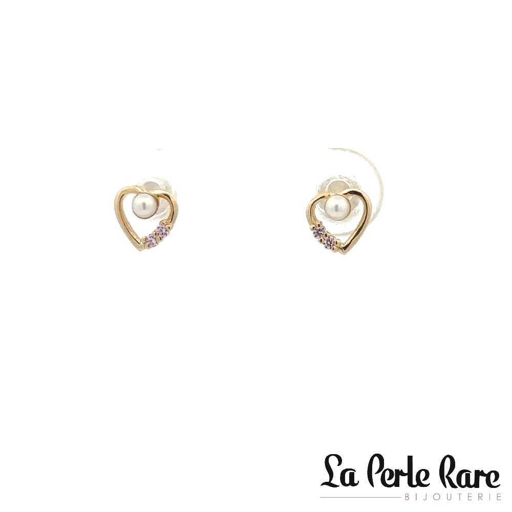 Screw-back heart stud earrings 10K yellow gold, pearls and pink zirconia - 13680-ROSE - Exclusivity