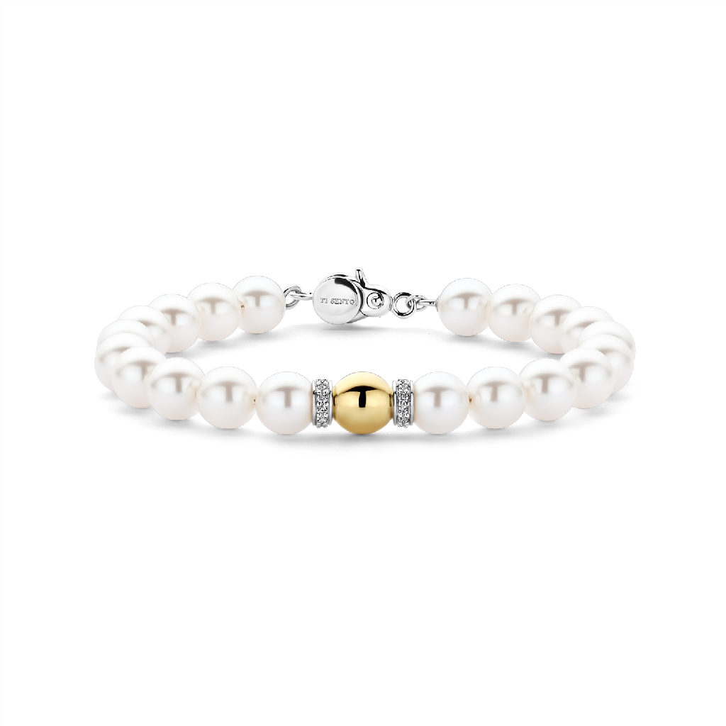 Bracelet argent 2 tons (jaune et blanc), perles, zircons incolores