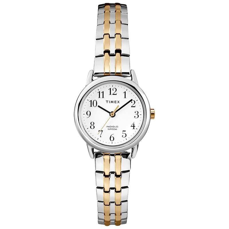 Montre extensible, métal 2 tons (blanc et jaune), fond blanc