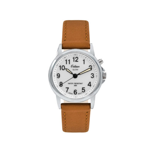 Montre cuir brun, acier inoxydable, fond blanc