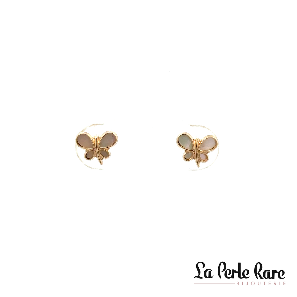 Screw-back butterfly stud earrings 10K yellow gold, mother-of-pearl - 4554 - Exclusivity