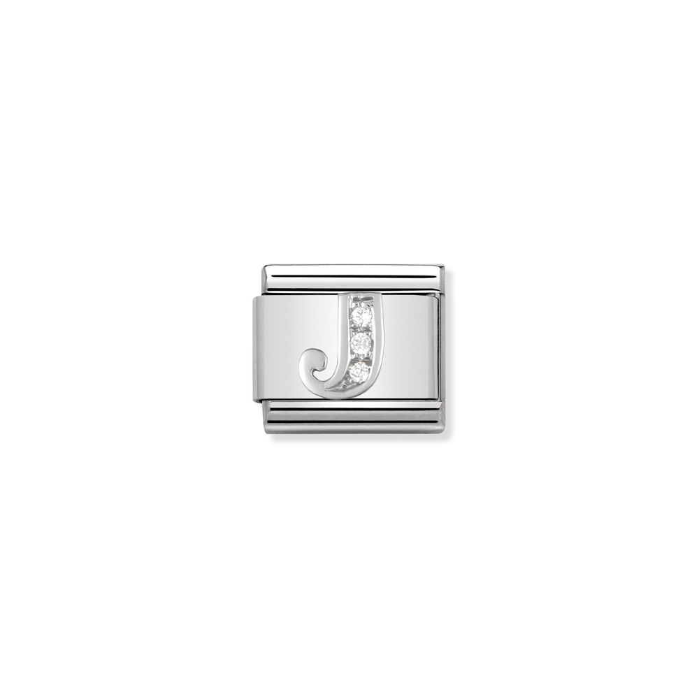 Classic link letter J, stainless steel, sterling silver, clear cubic zirconia - 33030110 - NOMINATION