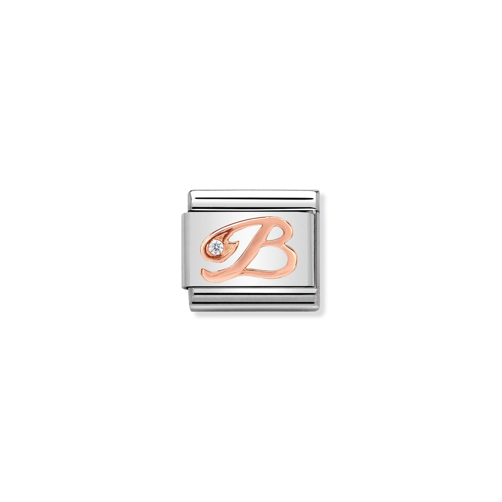 Classic link letter B, stainless steel, 9 carats rose gold finish, clear zirconia