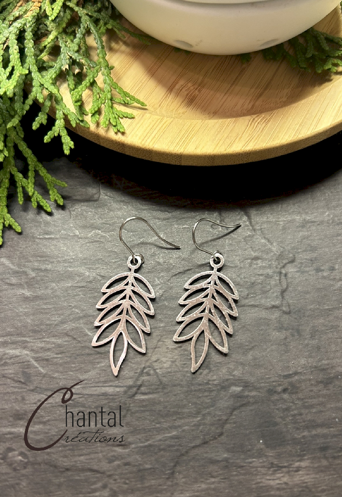 Boucles d'oreilles pendantes Fougères, acier inoxydable