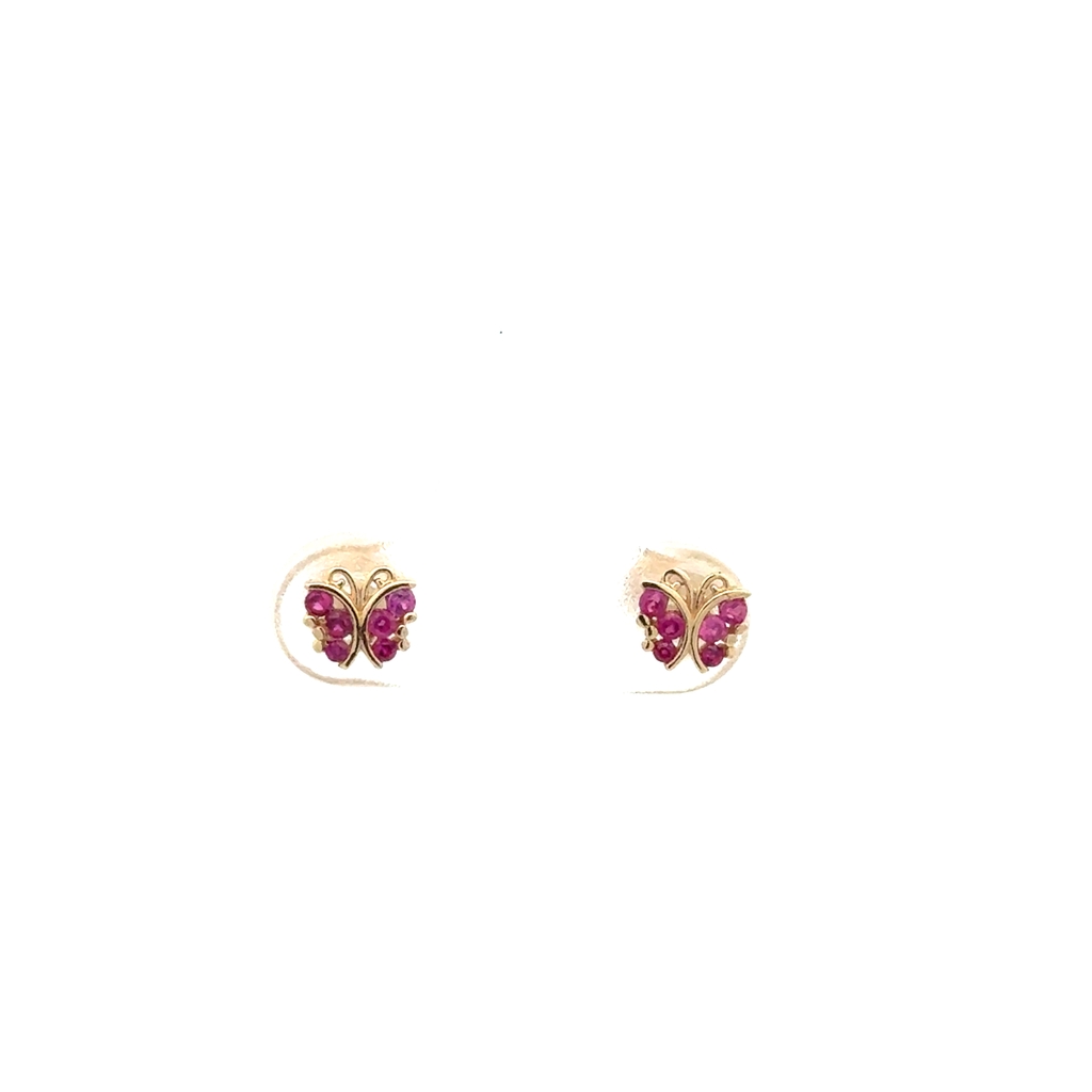 Screw back butterfly stud earrings yellow gold 10 karats, fuchsia zircons