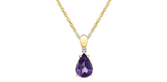 Yellow gold 10 carats pendant, amethyst, 2 point canadian diamond, certificate