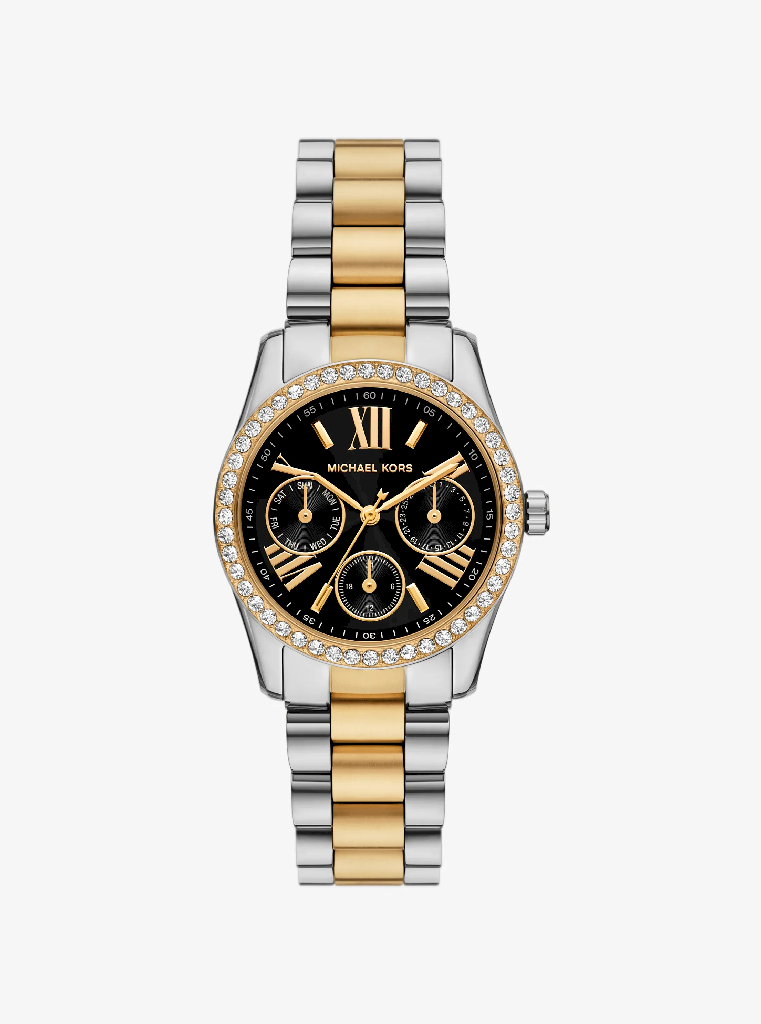 Montre acier inoxydable 2 tons (blanc et jaune), fond noir, zircons incolores