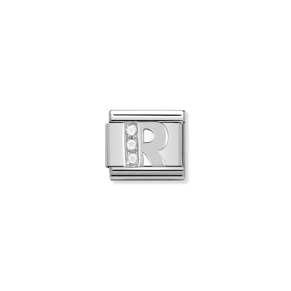 Classic link letter R, stainless steel, sterling silver, clear cubic zirconia - 33030118 - NOMINATION