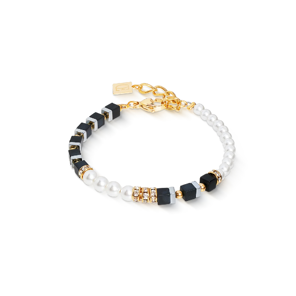 Bracelet acier inoxydable doré, verre, cristaux, perles