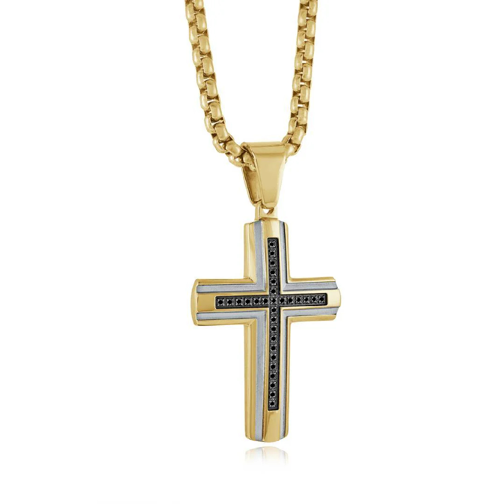Pendentif croix en acier inoxydable 2 tons (jaune et blanc), zircons noirs
