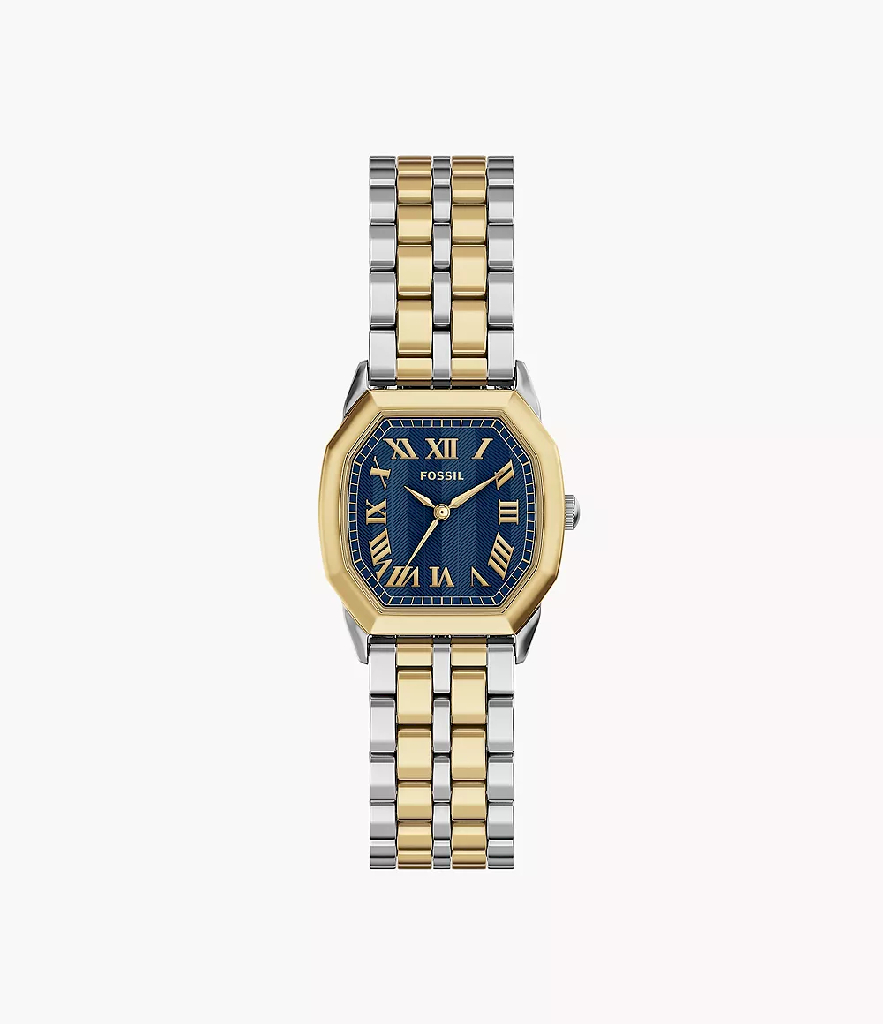 Fossil octagonal two-tone white and gold-tone stainless steel watch, black dial