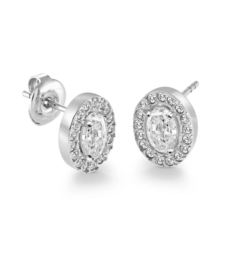 Boucles d'goldeilles fixes halo ovale, stainless steel, clear zircons
