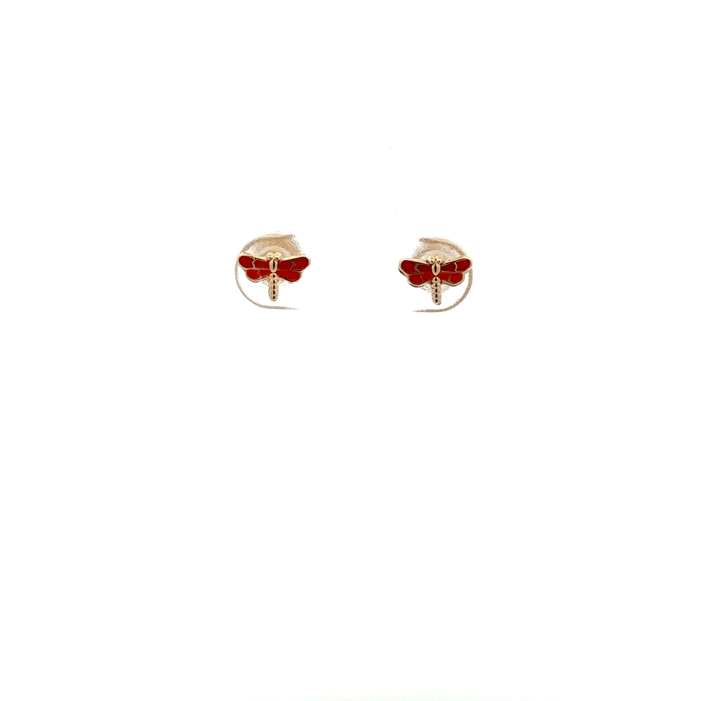 Screw-back dragonfly stud earrings 10K yellow gold, red and orange enamel - 1918 - Exclusivity