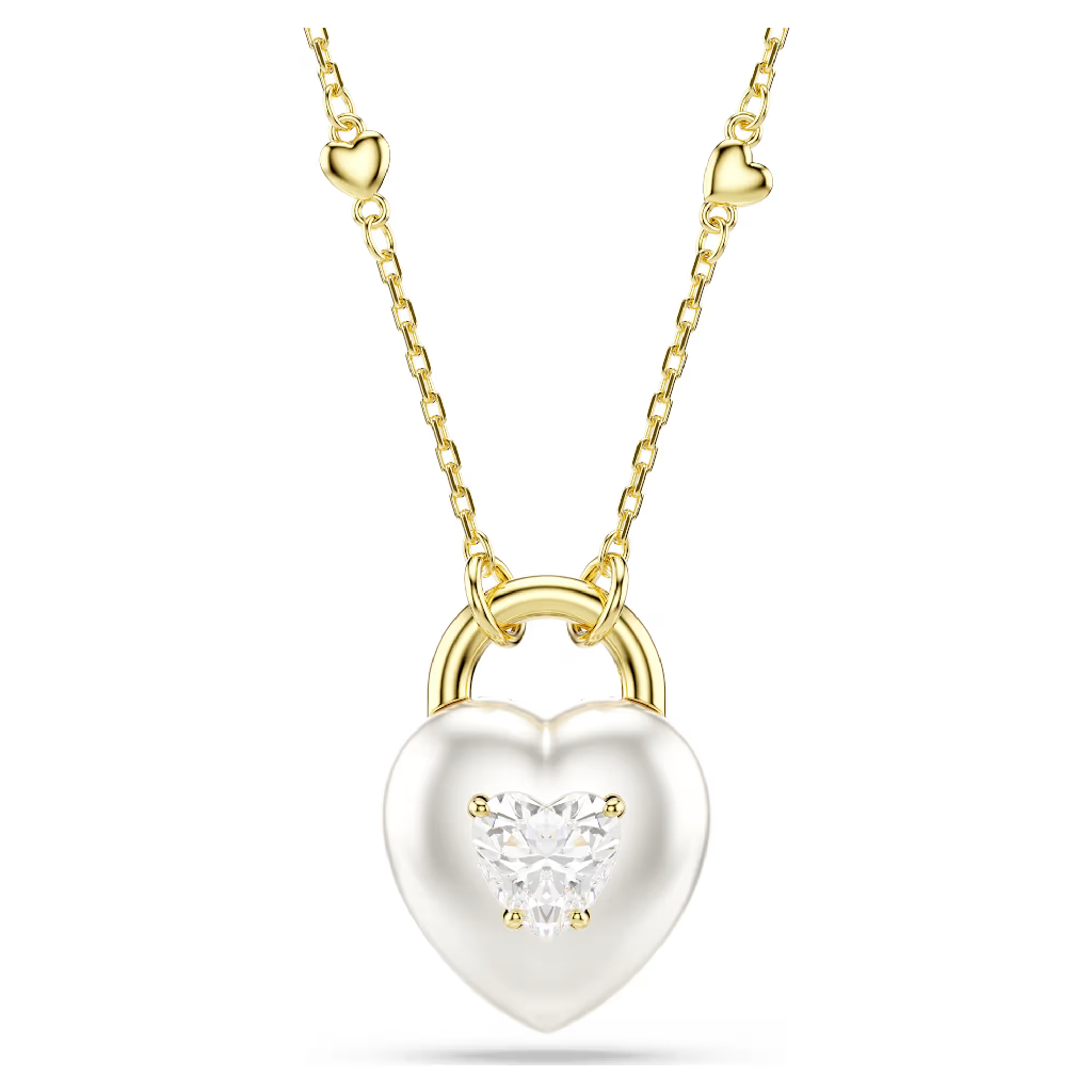 Reversible heart necklace, gold tone metal, clear crystals