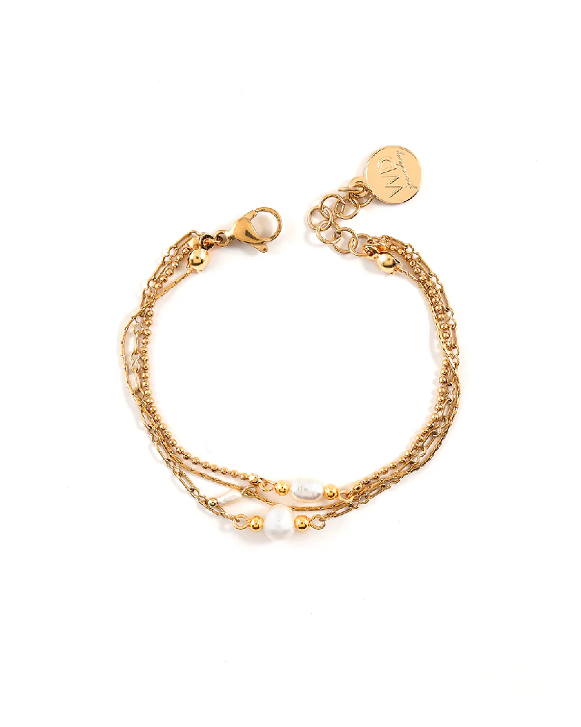 Triple bracelet, gold tone stainless steel, freshwater pearls