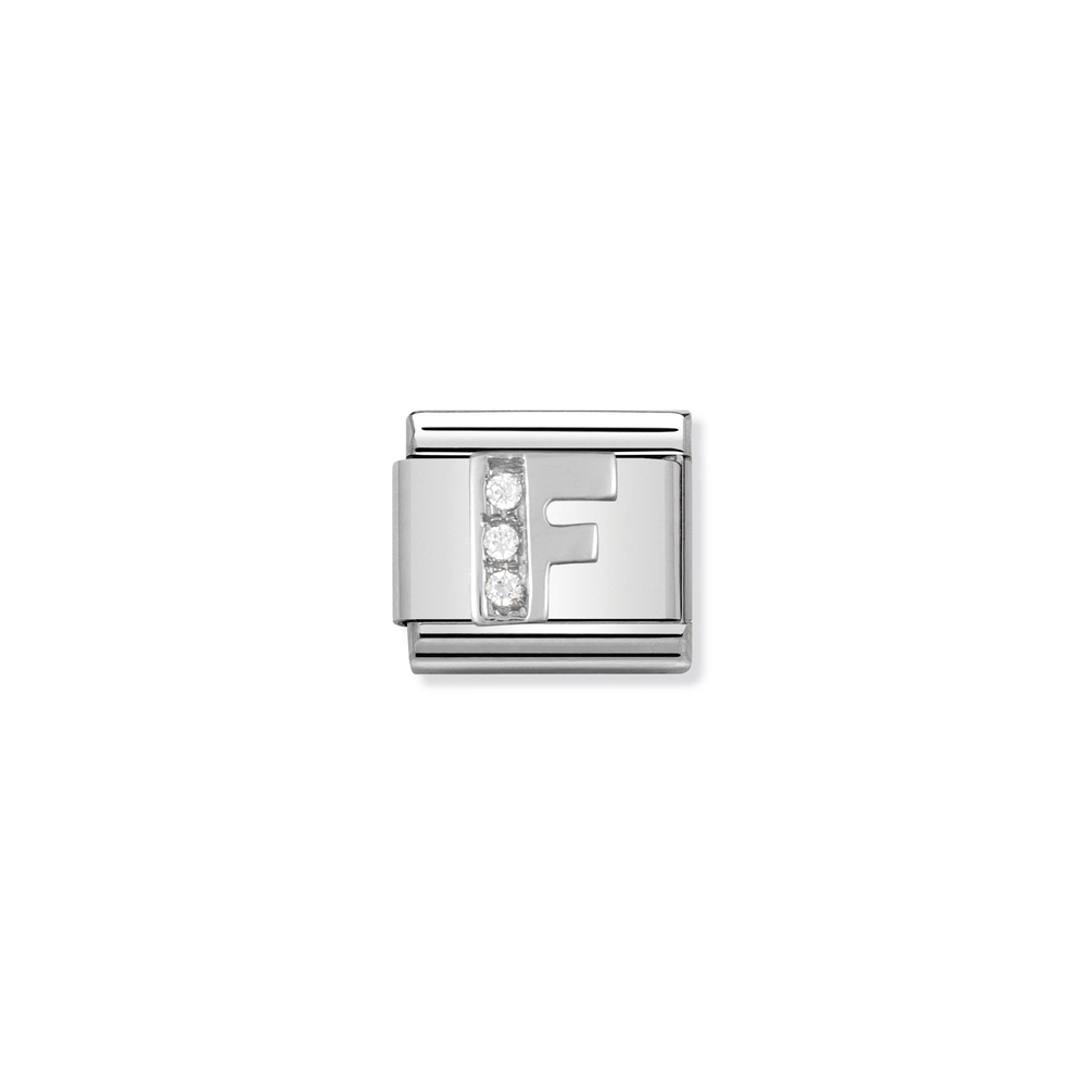Classic link letter F, stainless steel, sterling silver, clear cubic zirconia - 33030106 - NOMINATION