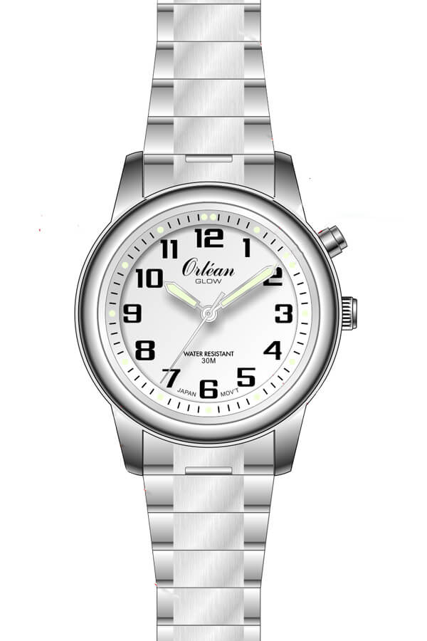 Montre extensible, acier inoxydable, fond blanc