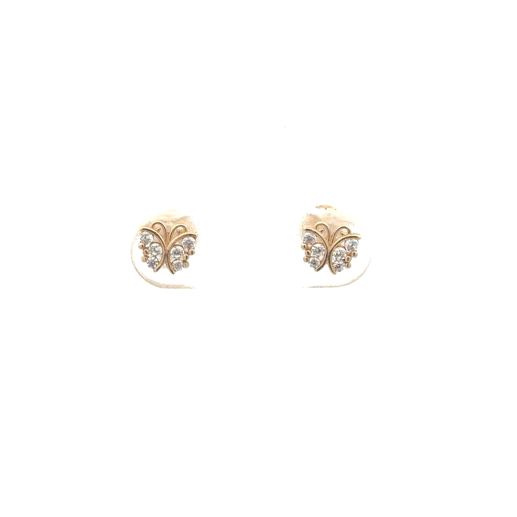 Screw back butterfly stud earrings yellow gold 10 karats, clear zircons
