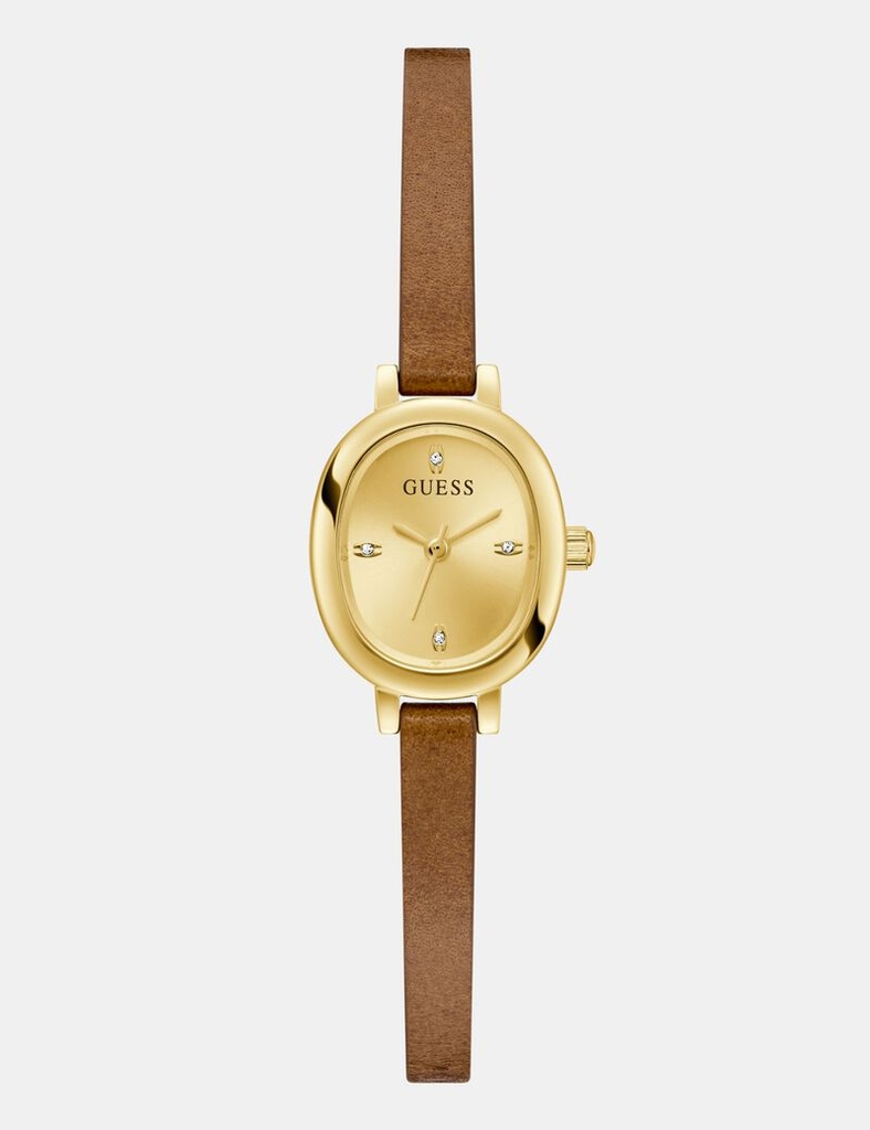 Montre ovale, cuir brun, acier inoxydable doré