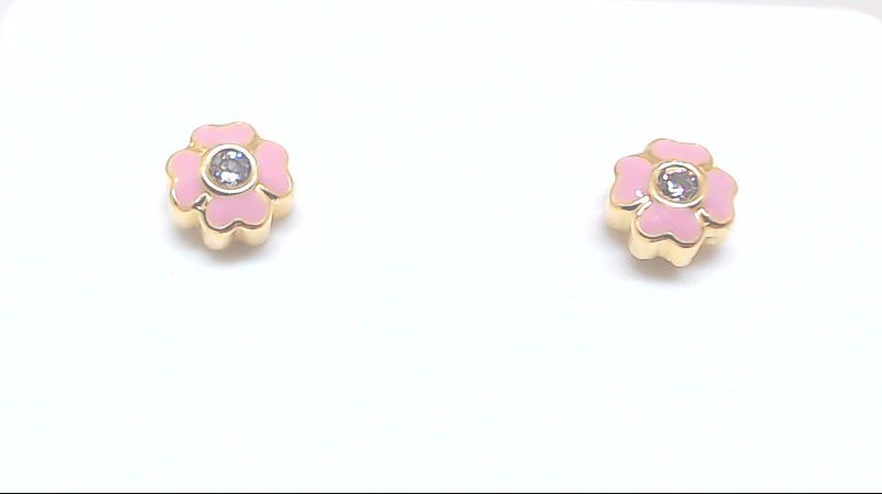 Boucles d'oreilles fixes vissées fleurs or jaune 10 carats, émail rose et zircons incolores - 2196-ROSE-BO - ExclusivitÉs