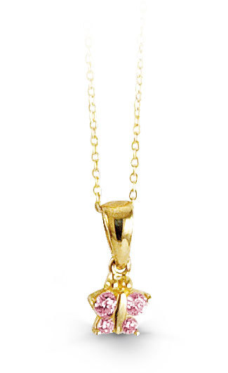 Pendentif papillon, or jaune 10 carats, zircons roses